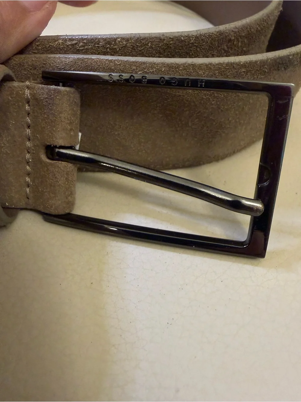 Hugo Boss Men's Suede Belt in Taupe Brown with Brushed Buckle